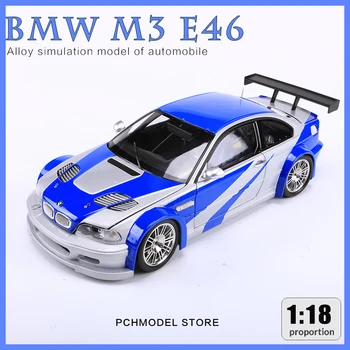  1:18 BMW M3 E46 GTR Сплав Модел на превозното средство Синьо/Сребристо Детски Играчки Хоби Подаръци Украшение Колекция Дисплей