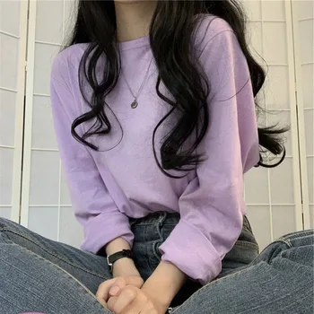  2023 Есента Корейската Мода Женска тениска С Дълъг Ръкав Зимни Тениска Y2K Femme Свободна Базова Однотонная Дрехи, Дамски Блузи Реколта