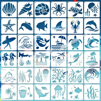  36 Листа Kawaii Океаните Морска Костенурка Акула Шаблони САМ Многослоен Албум За Албуми за Оцветяване Релефни Орнаменти Шаблони за Рисуване 9*9 cm