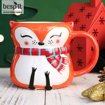  3D Чаша с Животни, Подарък, Ръчно рисувани, Керамична Чаша с Печат на Kawai, Бухал, Панда, Пингвин, Чаша с лисици ръка, Красиви Чаши за Кафе и Чаши, Коледен Подарък