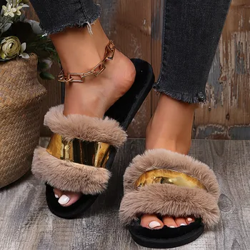  COOTELILI/Новост 2023 г.; Модни джапанки; Дамски зимни утепленная дамски обувки на плоска подметка с плюшем; Черни основни Размери 36-41