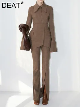 DEAT 2023 Есента женски нов модерен оборудвана сако с дълги ръкави и високи прави клетчатыми панталони с ревера, женски tide 17A701