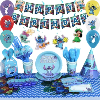  Disney Baby Lilo & Stitch Вечерни Аксесоари За Декорация На Детски Рожден Ден За Еднократна Употреба Синя Посуда Чаши, Чинии Вечерни Сувенири Декор Сет