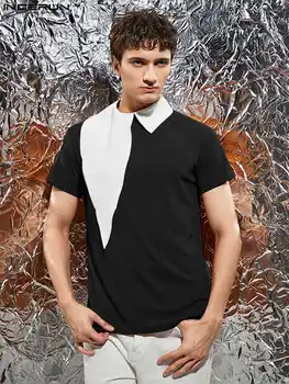  INCERUN Върховете 2022 Американски Стил Мъжка Мода Асиметрична Яка С Къс ръкав Camiseta Ежедневни Мъжки Лоскутные Обикновена тениска S-5XL