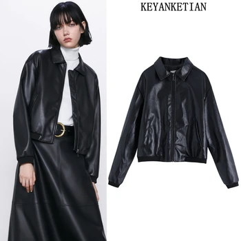  KEYANKETIAN ZA Яке дамска мода есен черно яке с дълъг ръкав красиво момиче с цип дамски парк, изкуствена кожа градинска облекло