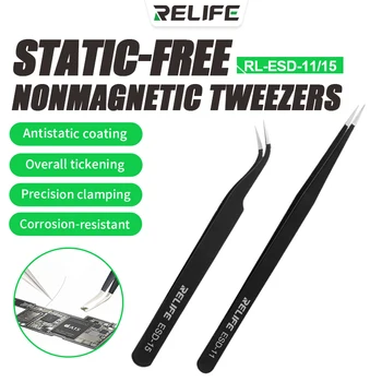  RELIFE ESD-11/15 Черно антистатични Керамични пинсети от сплав, Издръжлива и здрава за обслужване на мобилни телефони