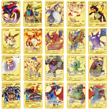  Английски Твърд Метален Pokemon Карти Метални Букви Pokemon Charizard Vmax Mewtwo Пикачу Набор От Карти Колекция От Игри С Карти Аниме Играчки