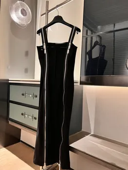  Висококачествено Есен Дамско Модно Дизайнерско рокля за Подиум Черен цвят с 22 бретельками за почивка на Плажа Миди с цип