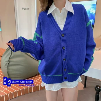  Вязаный жилетка ADER ERROR контрастен цвят с V-образно деколте, женски корейски висококачествен есента безплатен лесен пуловер за двойки, яке унисекс