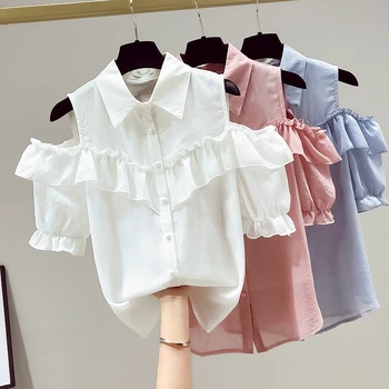  дамски блузи и блузи, Летни дамски блузи 2021, бяла блуза, шифоновая блуза с къс ръкав, дамски риза, потник с открити рамене, розов