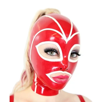  Дамски маската от естествен латекс и каучук с преминаващ отвор за коса, секси качулка, украсени с червени и бели ивици (само дупки, без коса