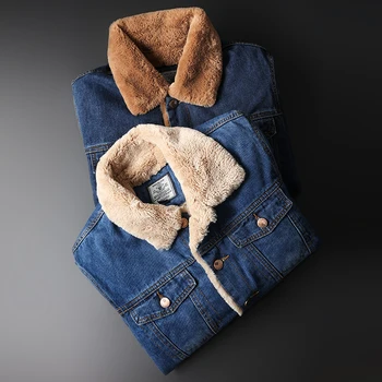  Зимата дебели мъжки джинсовое палто плюс кадифе топло деним яке модни и ежедневни вълнена деним парк от овча вълна ретро яке