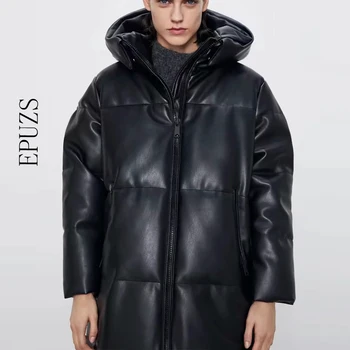  Зимно палто С качулка, Стеганая парк, изкуствена кожа, женски пуховик от изкуствена кожа, женски свободно палто с цип, ежедневни топли дълги палта 2020