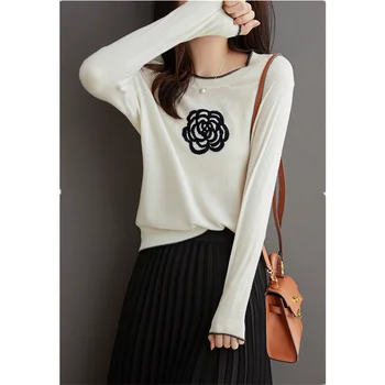  Камелия кашмир бродирана риза с дълъг ръкав вязаная блуза дамски Пролет и есен Корейски стил на свободен тънък пуловер