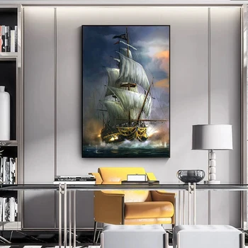  Картина върху Платно Пиратски Кораб Стенно Изкуство Стари Ветроходни Кораби Печатане на Стенни Картина за Хола Домашен Интериор на Хотела