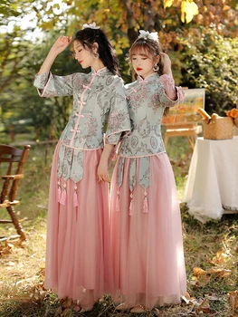  Китайски Комплект за Шаферски рокли за Сестри Феи, Женски Годишният Елегантен Костюм Тан, Рокли Hanfu в Китайски стил, Традиционните размери от S до 10XL