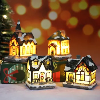  Коледна Led Лампа, Селска Къща Смола Миниатюрен Весел Коледен Декор за Дома Коледна Украса Коледен Подарък на Нова Година 2021