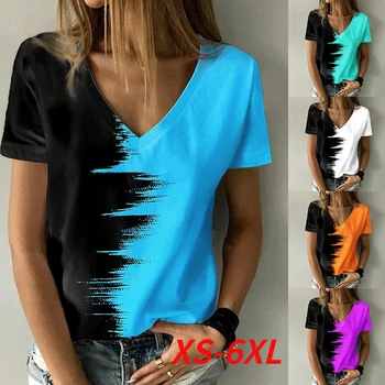  Лятна Дамска Мода Тениска С Абстрактна 3D Принтом и Шарките, Цветен Блок Тениска С V-образно Деколте, Основни Върхове, Свободна Риза, Пуловер Размер Плюс