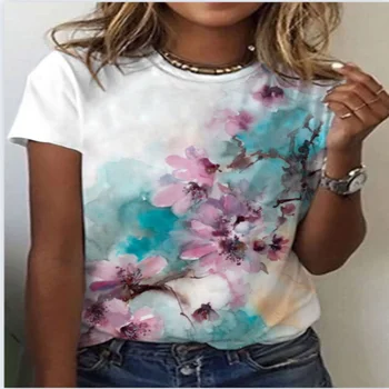  Лятна тениска с 3D принтом, Дамски Модни тениска с флорални принтом и кръгло деколте, женска тениска с къс ръкав, дамски Топ в уличном стил