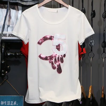  Модерна Нова Лятна Дамска Свободна Тениска в корейски стил, Креативна, С Писмото принтом и Пайети, С Къс Ръкав, Ежедневни Бели Дамски блузи
