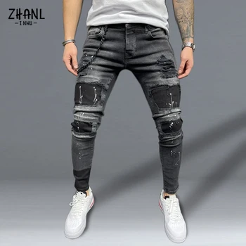  Мъжки Градинска Мода Панталони Эластано Тесни Джинси с външни джобове скъсани дънки за мъже улични скъсани дънкови Панталони черни