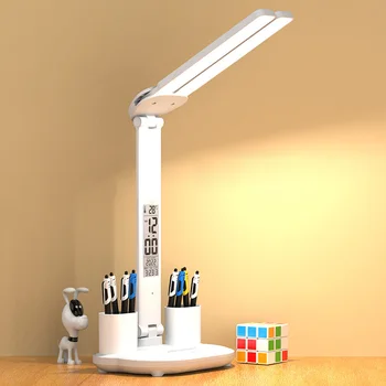  Светодиодна Настолна Лампа USB Dimmable Тъчпад Сгъваема Настолна Лампа с Календар Температурни Часове на нощна светлина, за да се Учат Лампа за Четене