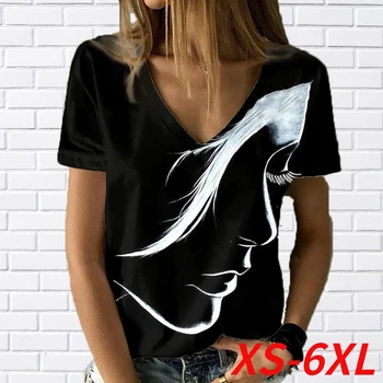  Тениска с абстрактен портрет Принтом, Дамски Лятна мода 2022, Основи на Модата, Отгоре с V-образно деколте, Черен /Риза с 3D Принтом