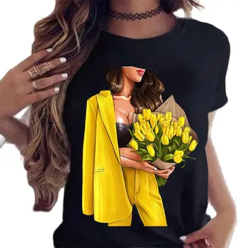  Тениска с Принтом жълто цвете в стил Лейди, Ежедневни Черни Потници за момиче, Тениски 90s Y2K, женска тениска с модел в стил харадзюку