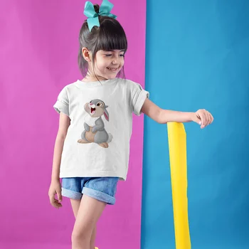  Тениски с анимационни герои в стил Харадзюку, Тениска с изображение на Заек За Момичета, Лятна Мода Бяла Ежедневни Сладък Дрехи за Деца, Детска Тениска на 