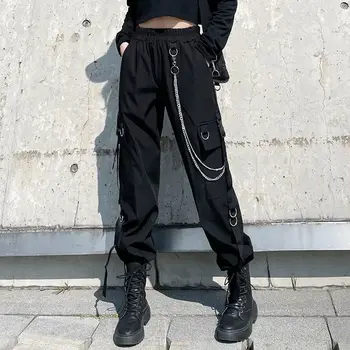  Черен Панталон-карго Женски Корейски Модни Панталони-Верига 2022 Есента Реколта Ежедневните Свободни С Висока Талия Harajuku