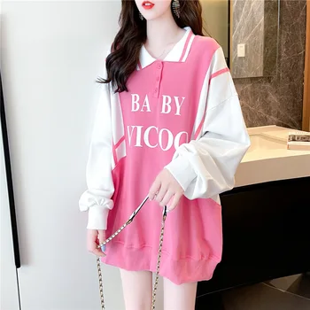  Японската актуалната училищна hoody с качулка в стил плюс размери, Дамски корея розова тениска ПОЛО с яка-ботуш и писмото принтом, тениски с дълъг ръкав